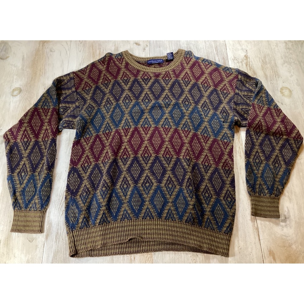 Vintage Northern Isles Diamond Pattern Knit Sweater Menswear Large Burgundy Blue
